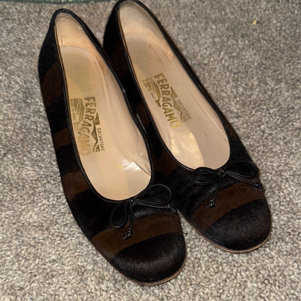Salvatore Ferragamo Black and Brown Striped Flats